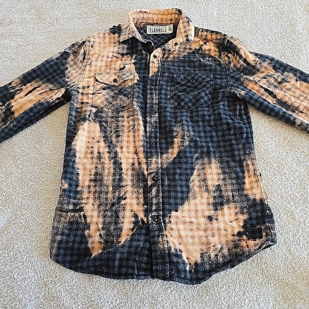 Franklin Flannels Shirt MensM Black Orange Abstract Upcycled Pearl Snap Tie Dye - Picture 11 of 13